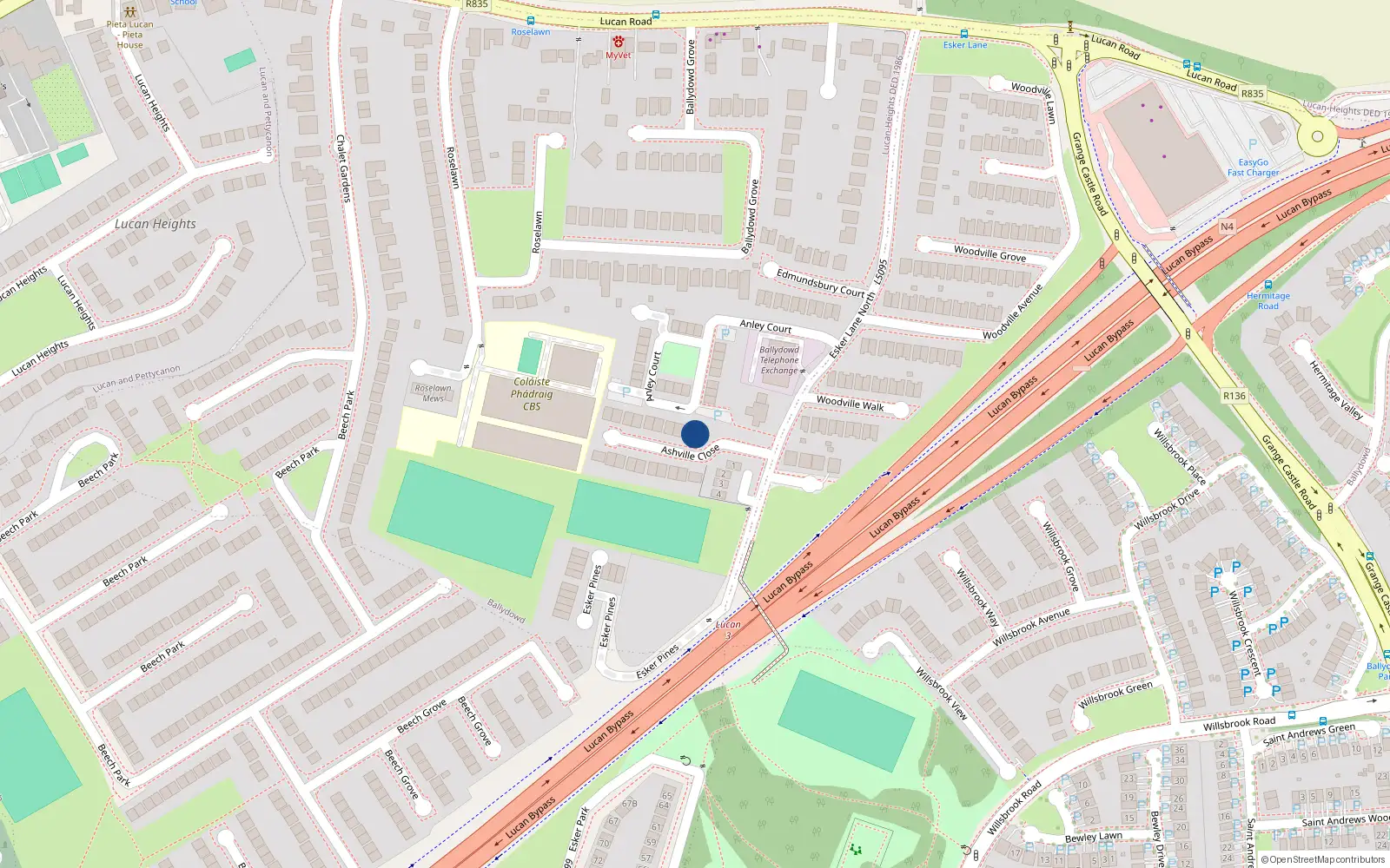 Overhead map showing the location of 20 Ashville Close, Lucan