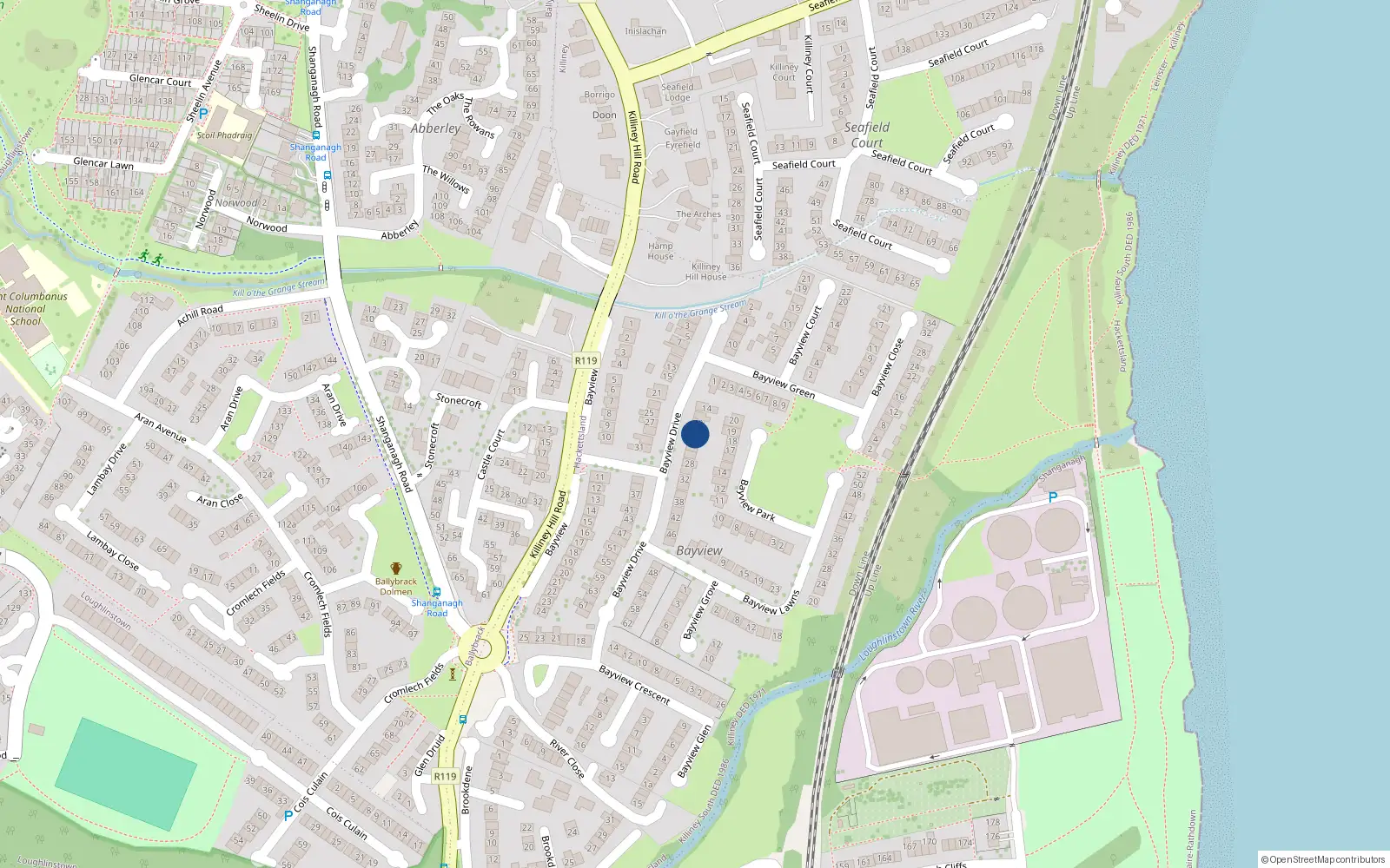 Overhead map showing the location of 20 Bayview Drive, Killiney, Dublin