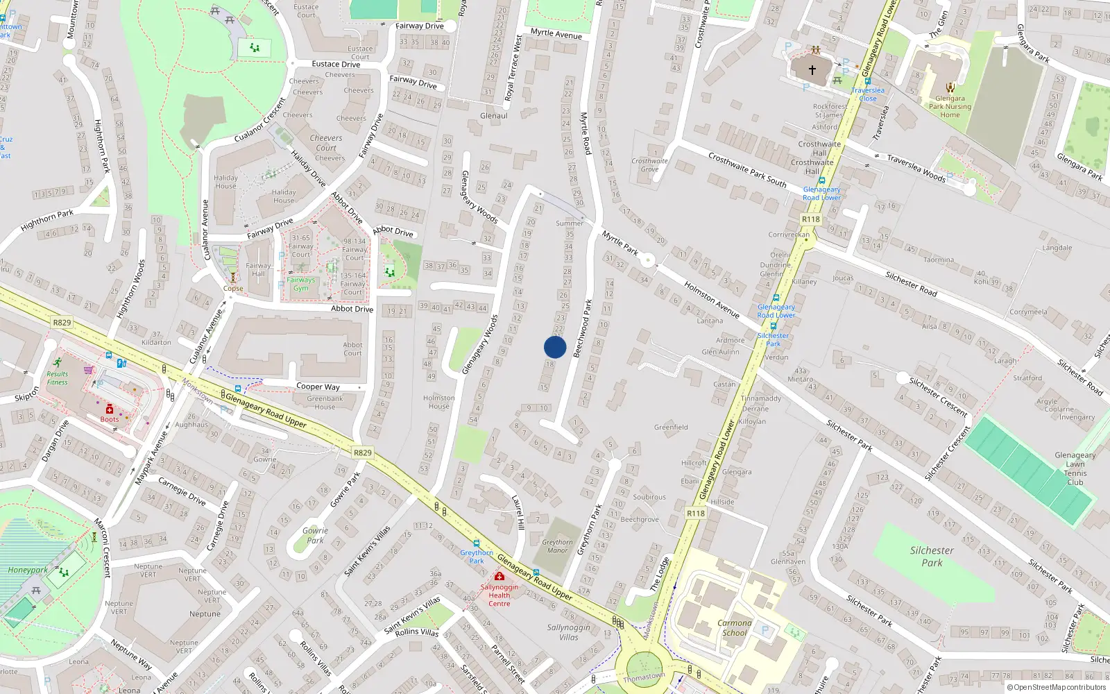 Overhead map showing the location of 20 Beechwood Park, Dublin