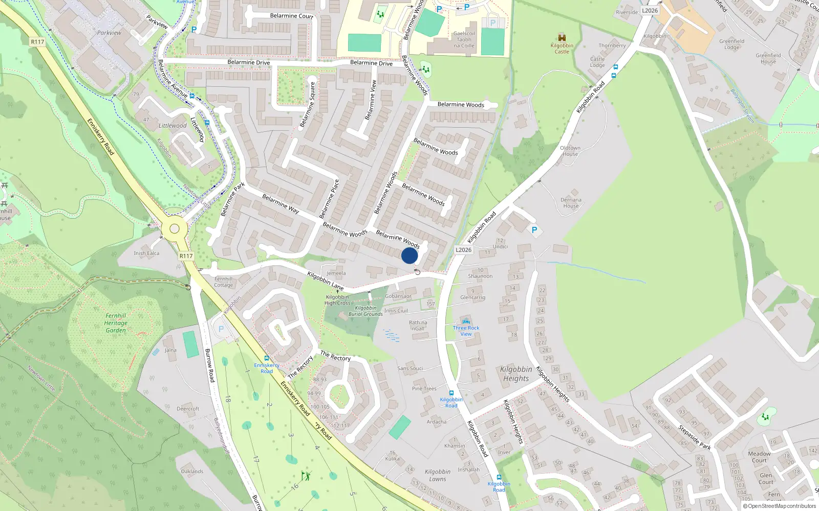 Overhead map showing the location of 20 Belarmine Walk, Stepaside