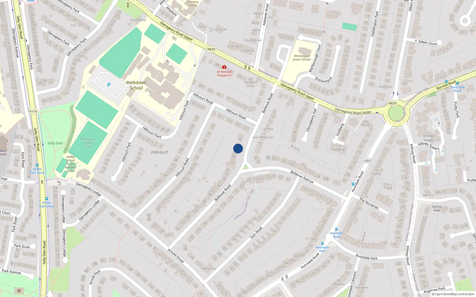 Overhead map showing the location of 20 Bellevue Road, Glenageary, Dublin