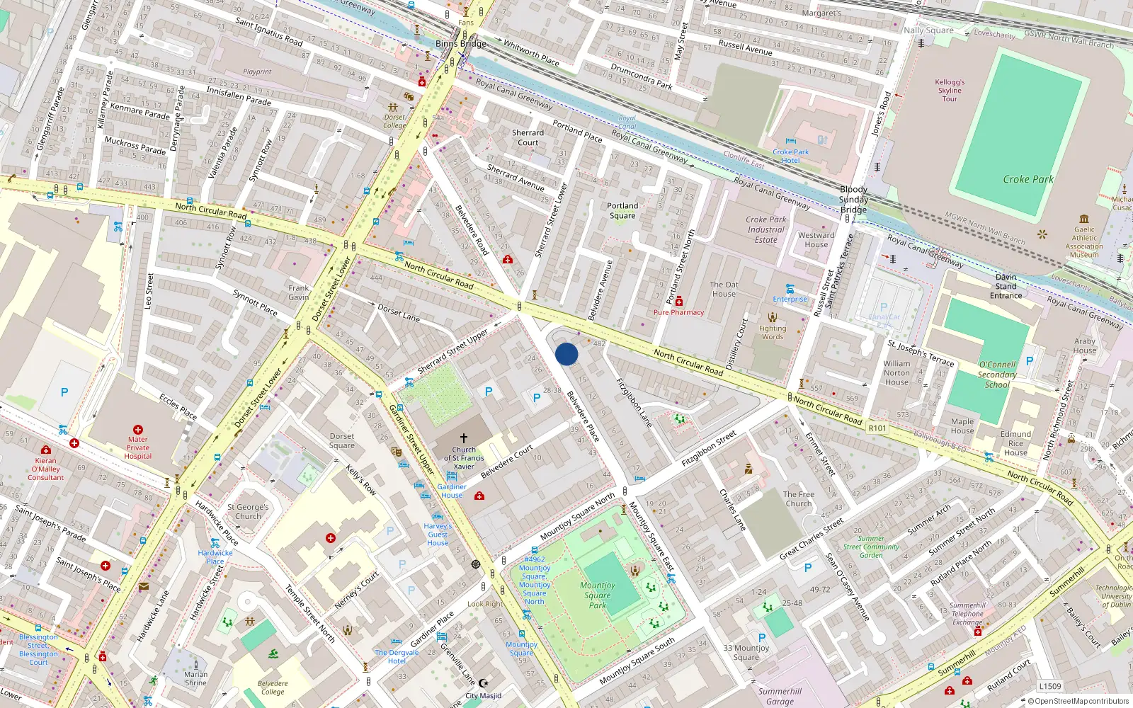 Overhead map showing the location of 20 Belvedere Place, Dublin 1