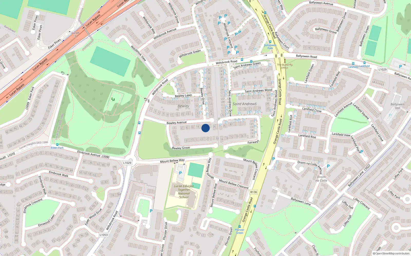 Overhead map showing the location of 20 Bewley Avenue, Willsbrook Wood, Lucan