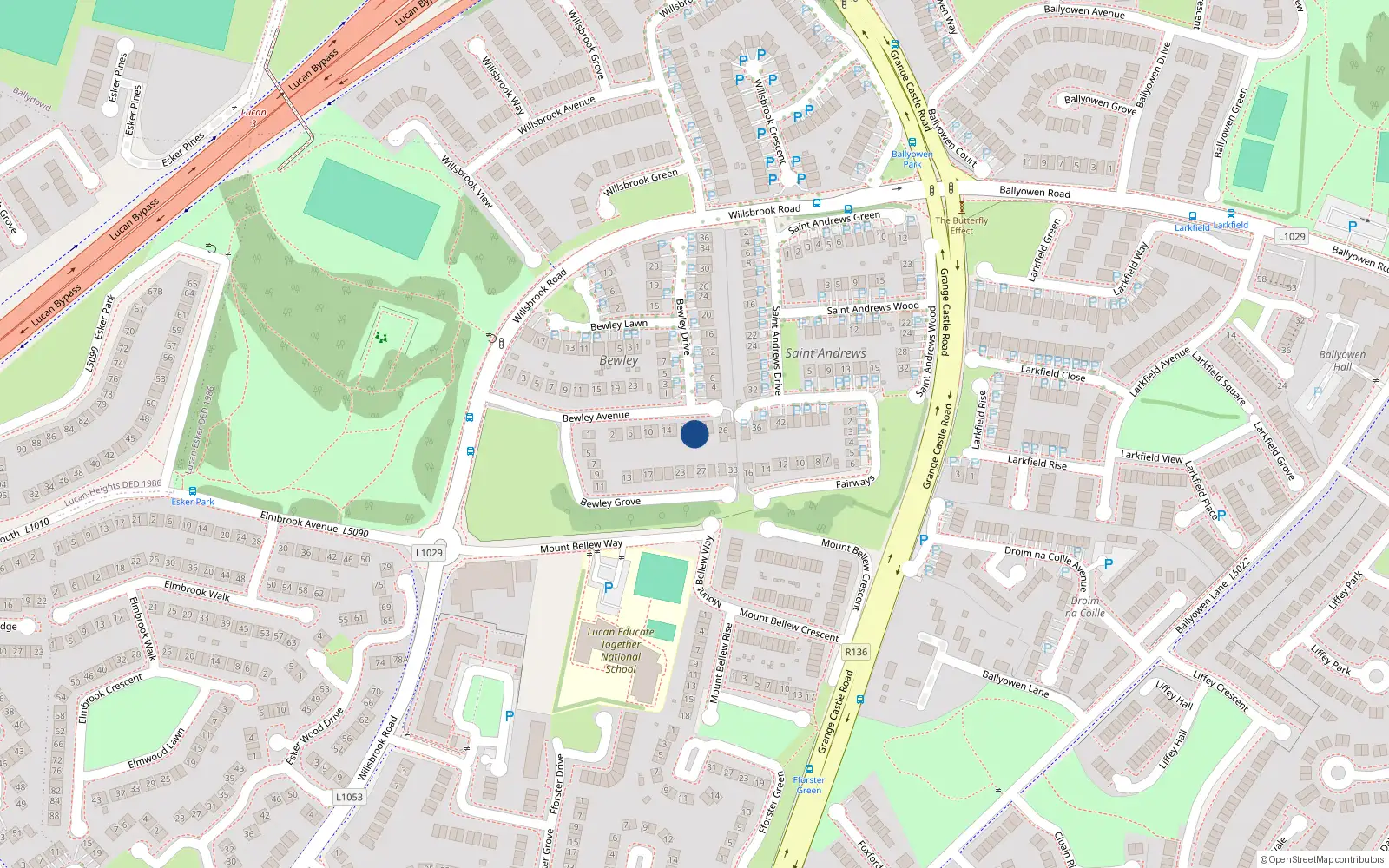 Overhead map showing the location of 20 Bewley Avenue, Lucan