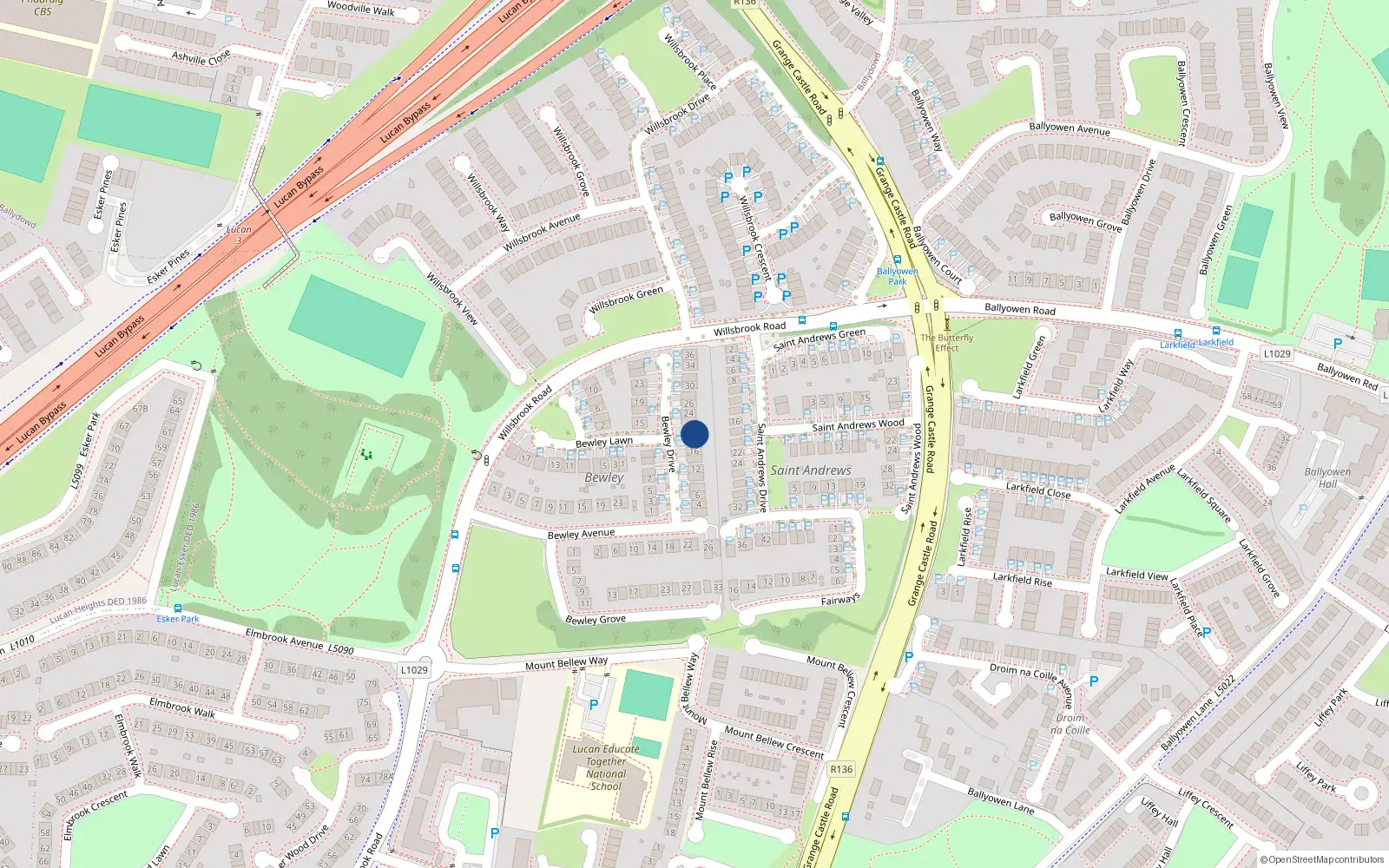 Overhead map showing the location of 20 Bewley Drive, Lucan