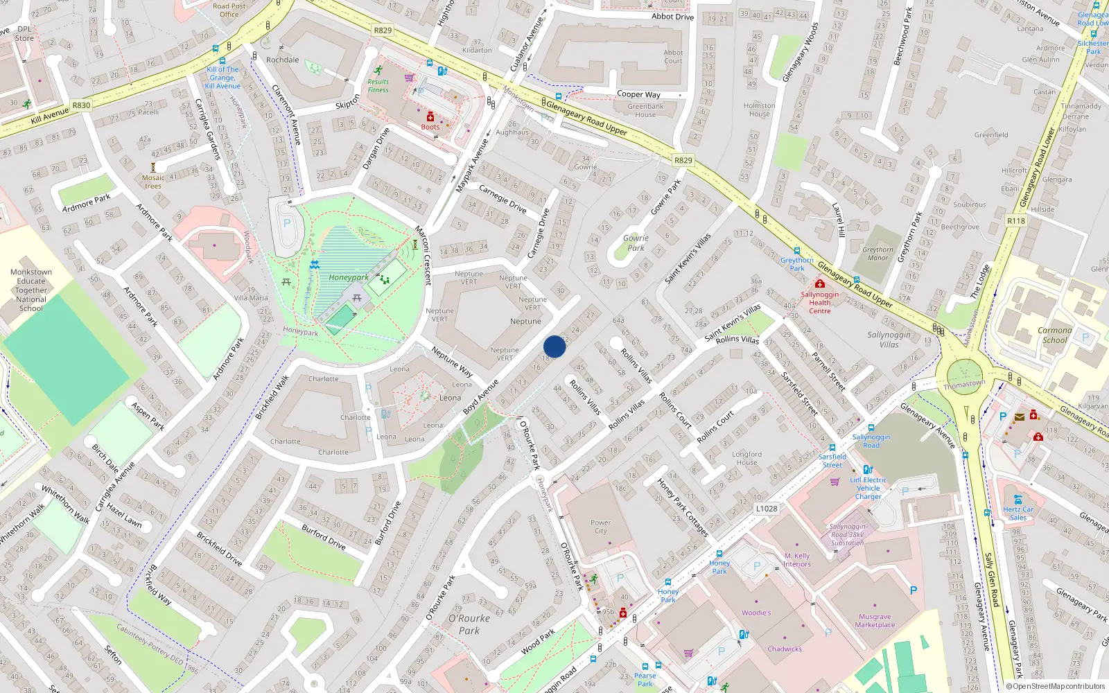 Overhead map showing the location of 20 Boyd Avenue, Honeypark, Dun Laoghaire