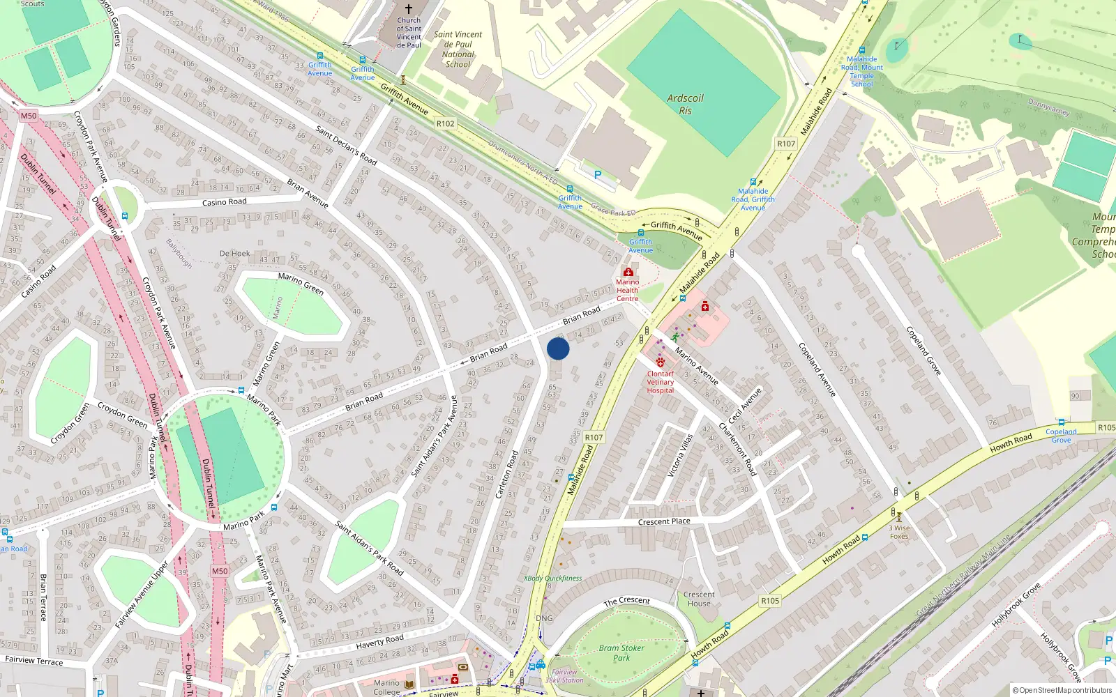 Overhead map showing the location of 20 Brian Road, Marino, Dublin 3