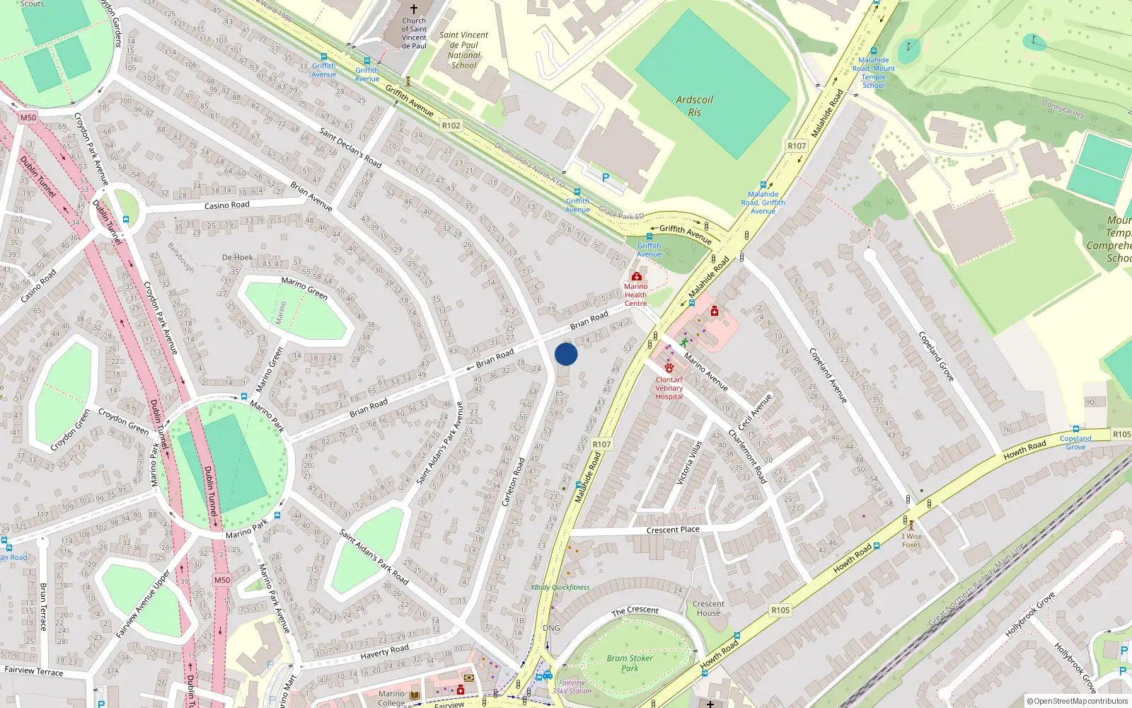 Overhead map showing the location of 20 Brian Road, Dublin 3