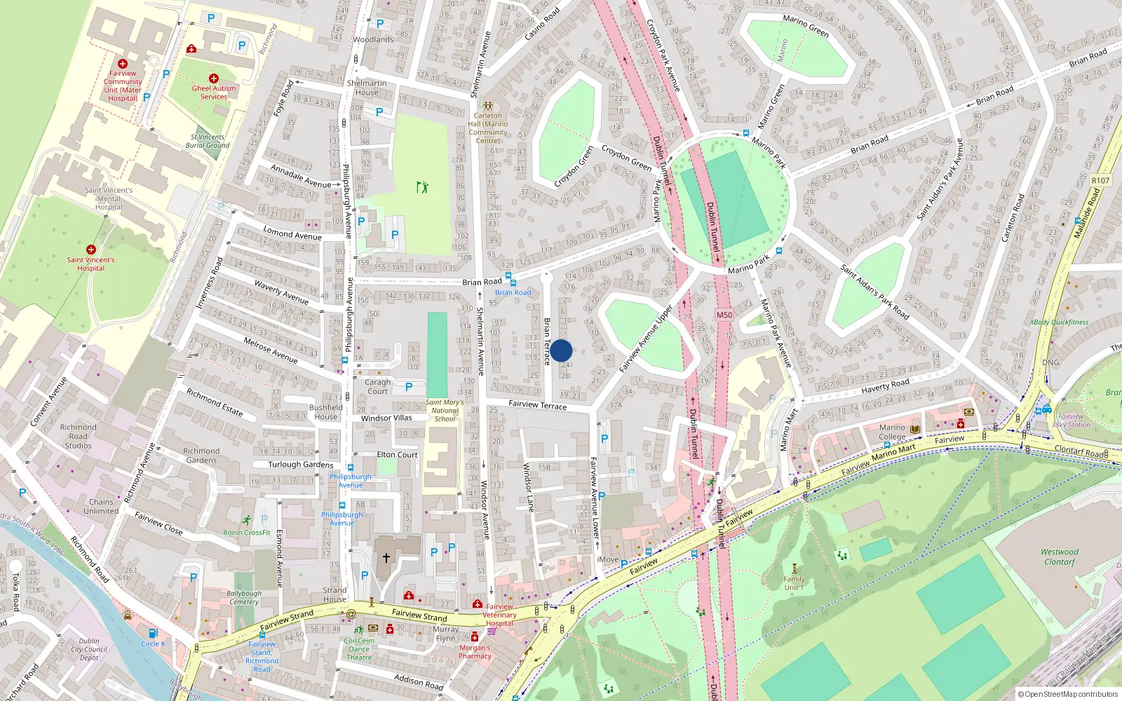 Overhead map showing the location of 20 Brian Terrace, Fairview, Dublin 3