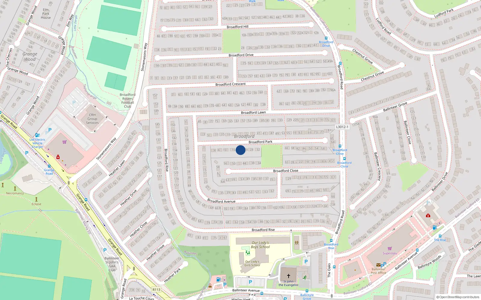 Overhead map showing the location of 20 Broadford Park, Dublin 16