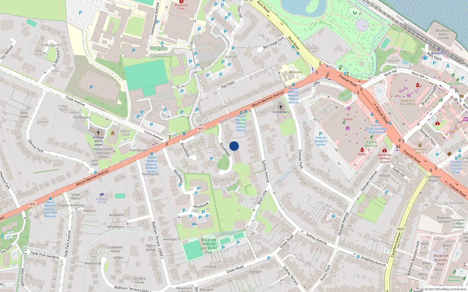 Overhead map showing the location of 20 Brooklawn, Mount Merrion Avenue, Blackrock