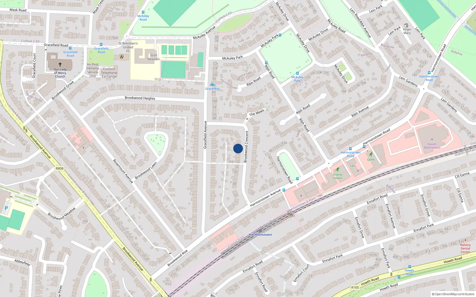 Overhead map showing the location of 20 Brookwood Crescent, Dublin 5