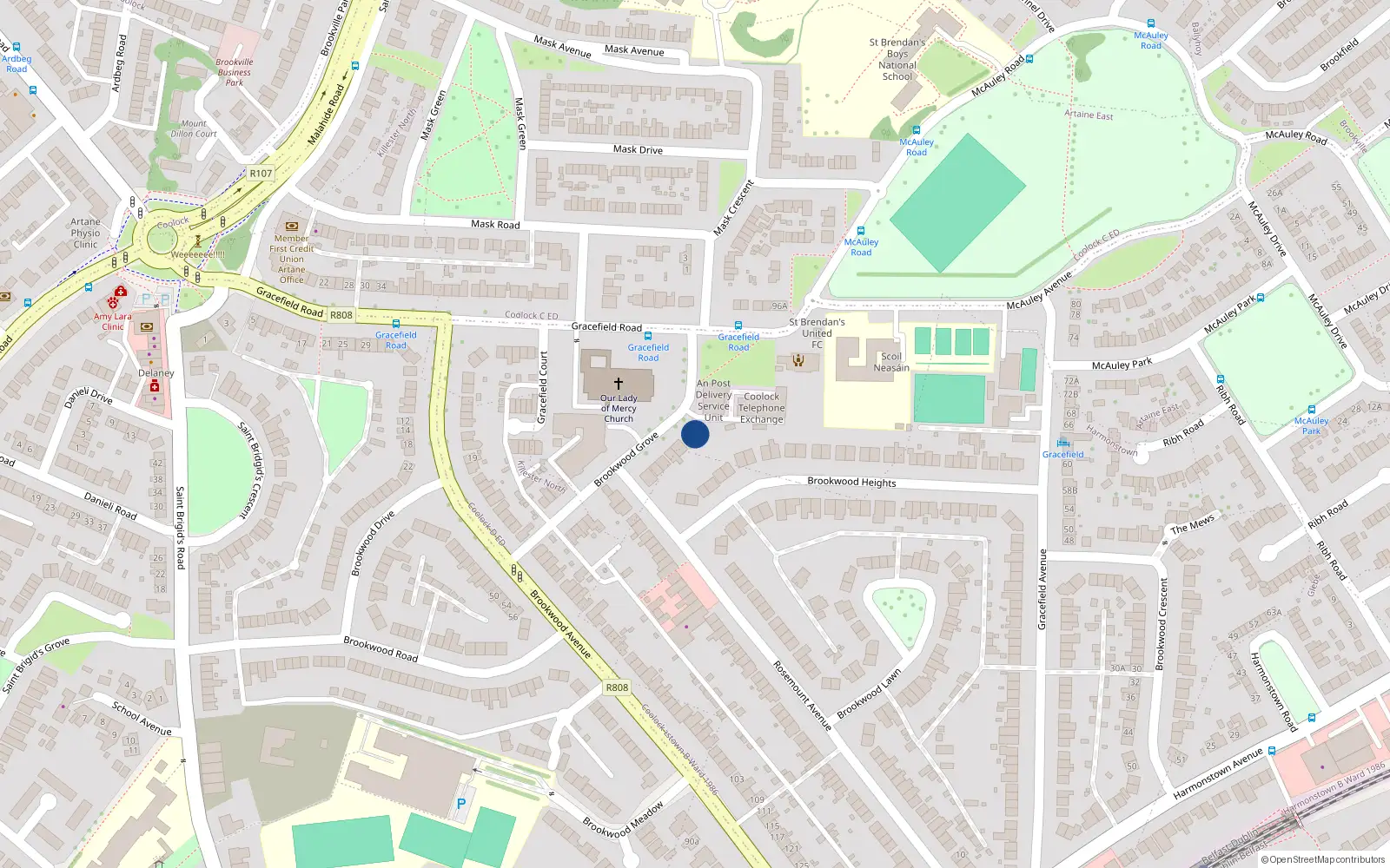 Overhead map showing the location of 20 Brookwood Grove, Artane, Dublin 5