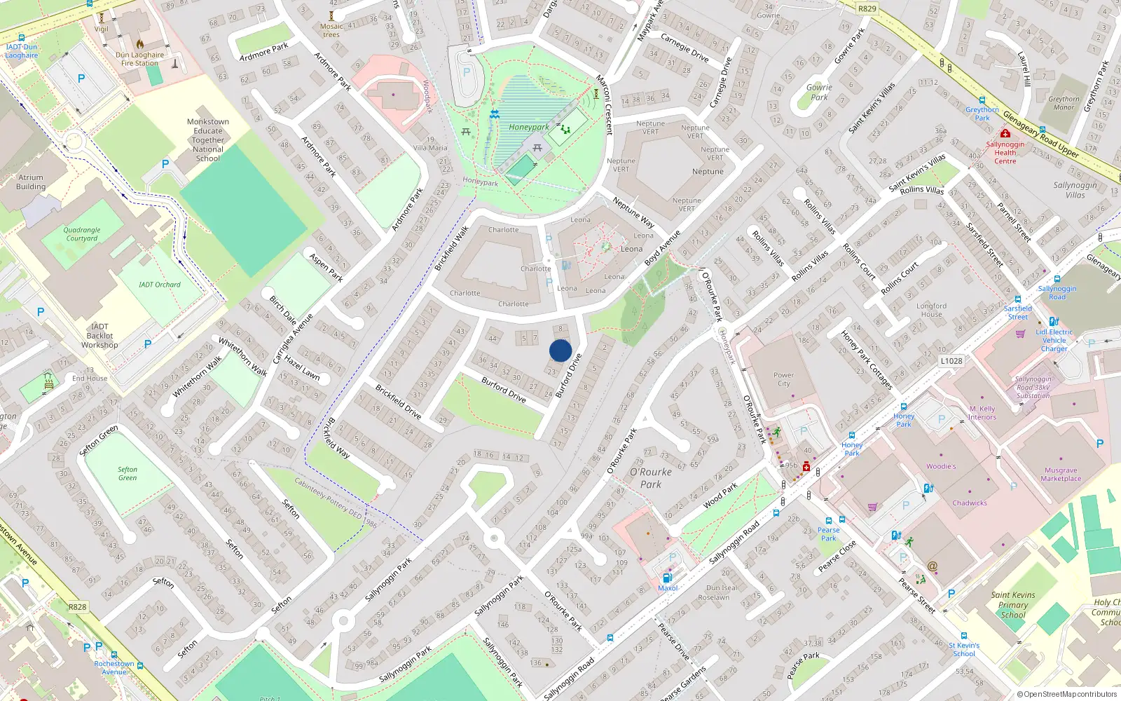 Overhead map showing the location of 20 Burford Drive, Dun Laoghaire