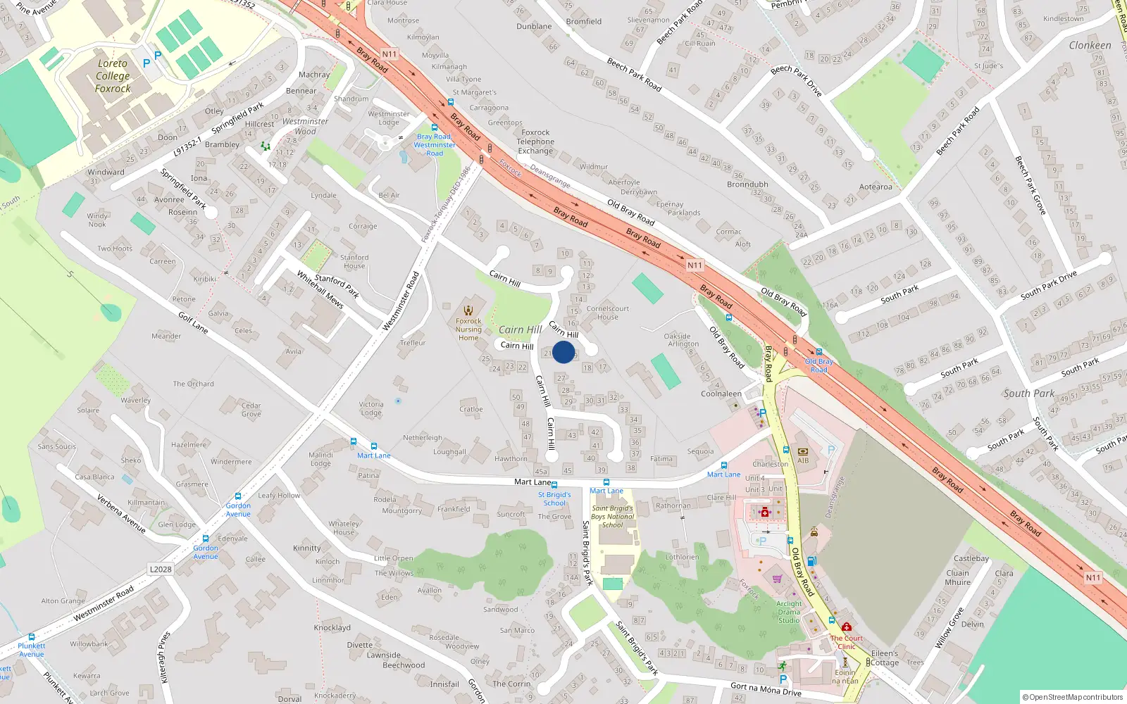 Overhead map showing the location of 20 Cairn Hill, Dublin 18