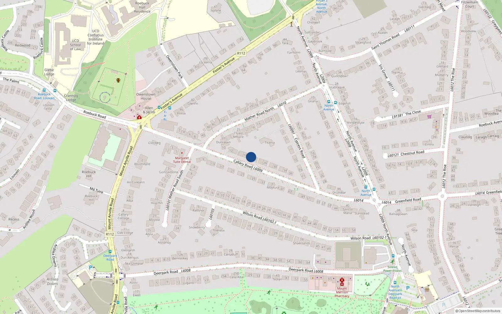 Overhead map showing the location of 20 Callary Road, Blackrock