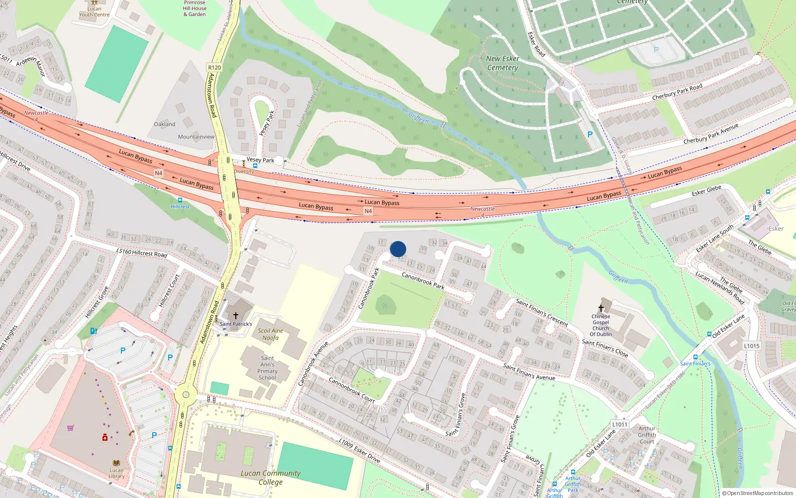 Overhead map showing the location of 20 Cannonbrook Court, Lucan, Dublin