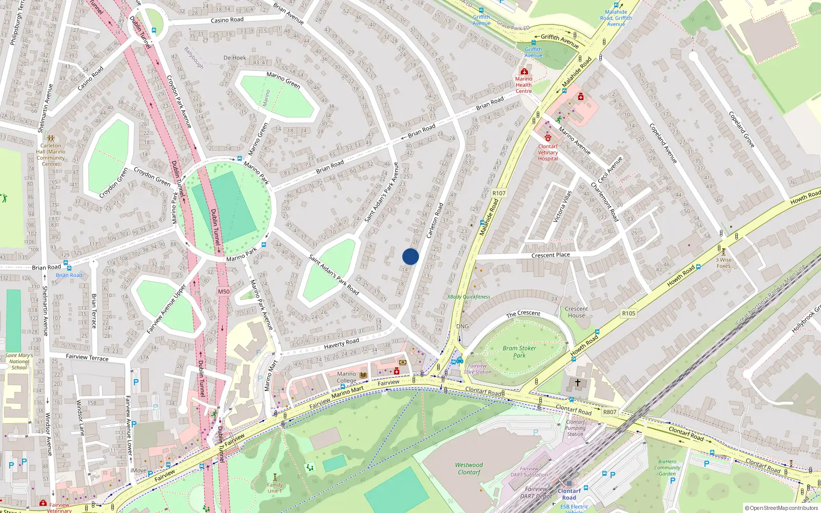Overhead map showing the location of 20 Carleton Road, Marino, Dublin 3