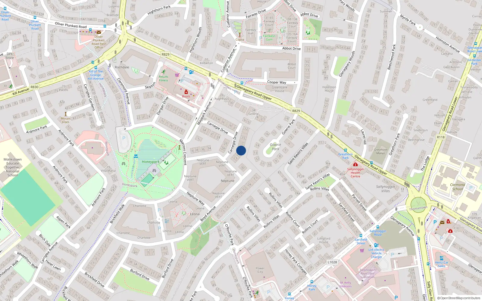 Overhead map showing the location of 20 Carnegie Drive, Dun Laoghaire