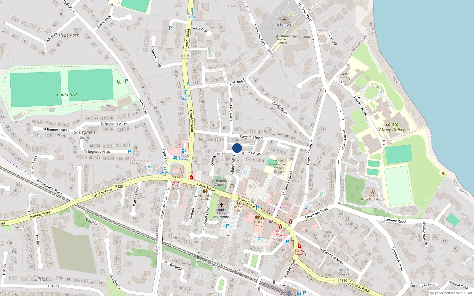 Overhead map showing the location of 20 Carysfort Road, Dalkey
