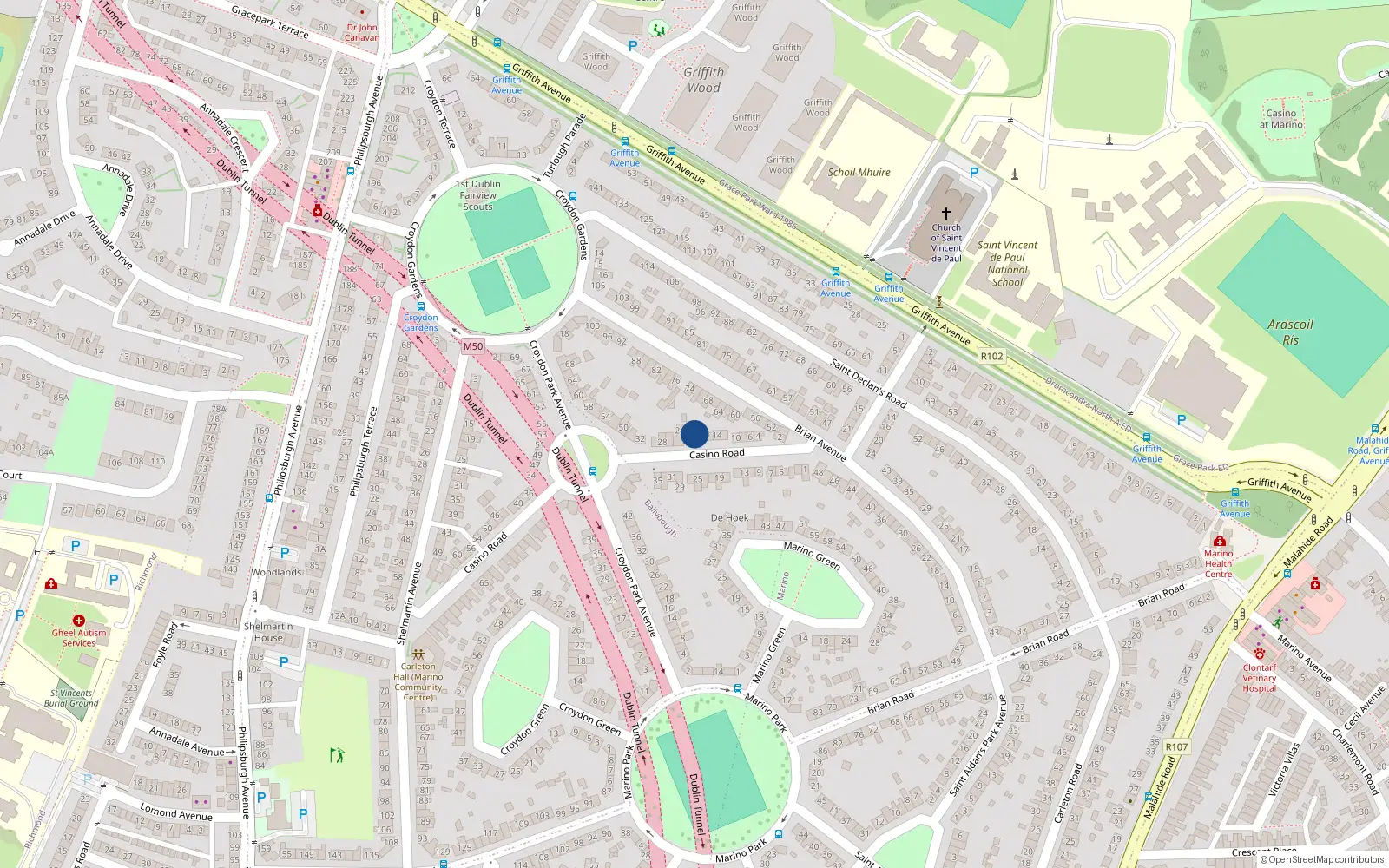 Overhead map showing the location of 20 Casino Road, Dublin 3
