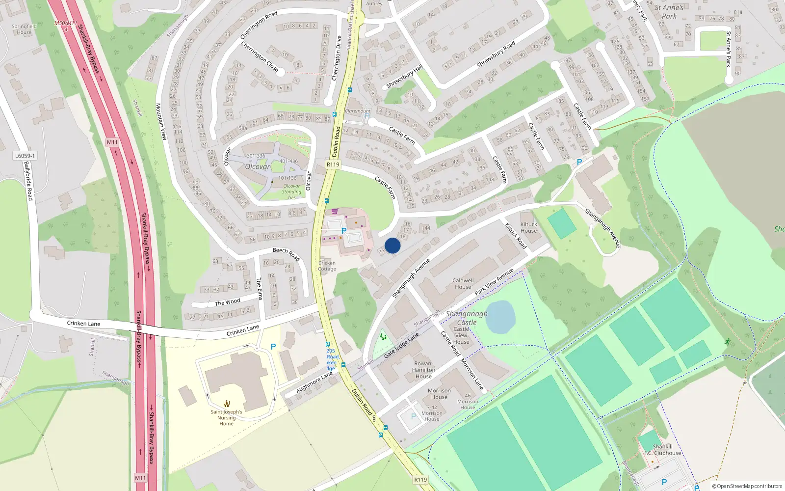 Overhead map showing the location of 20 Castle Farm, Dublin 18