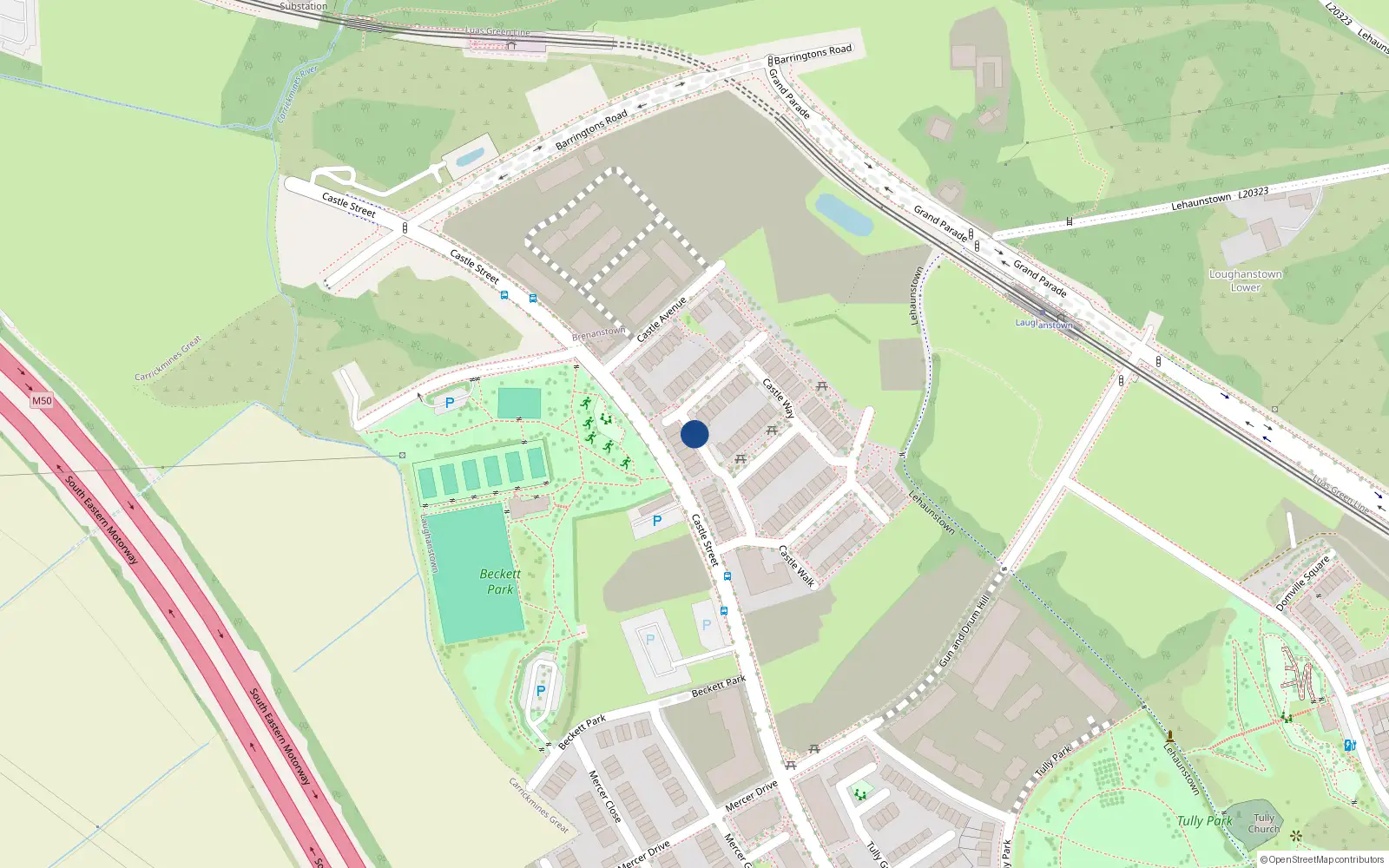 Overhead map showing the location of 20 Castle Way, Laughanstown