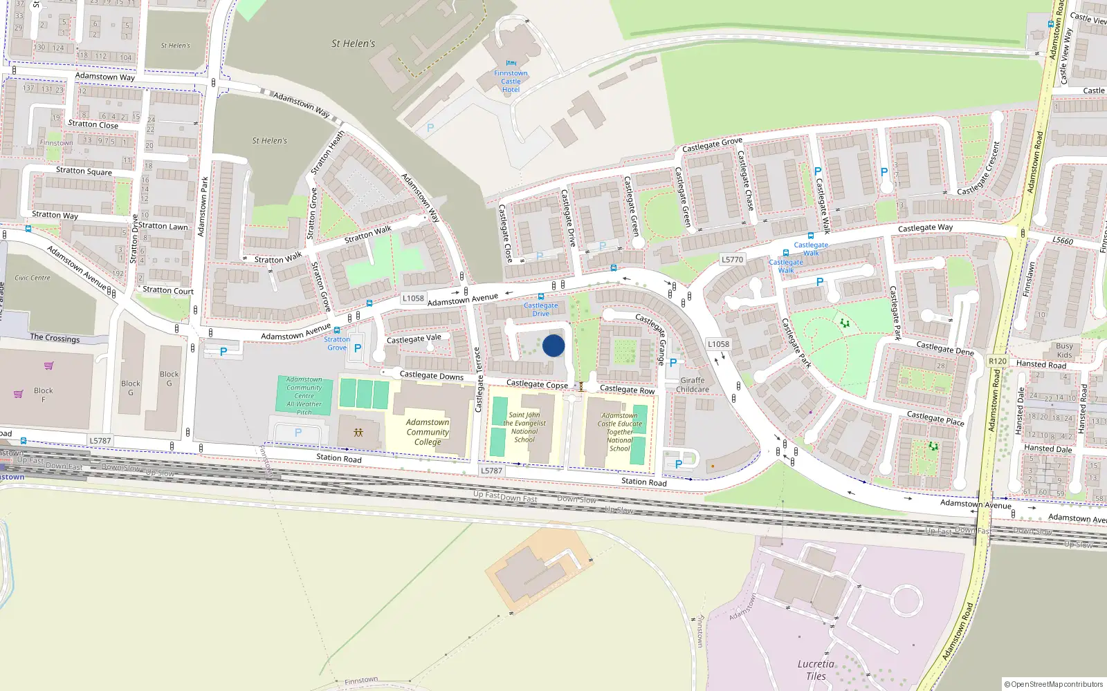 Overhead map showing the location of 20 Castlegate Copse, Adamstown Castle, Adamstown