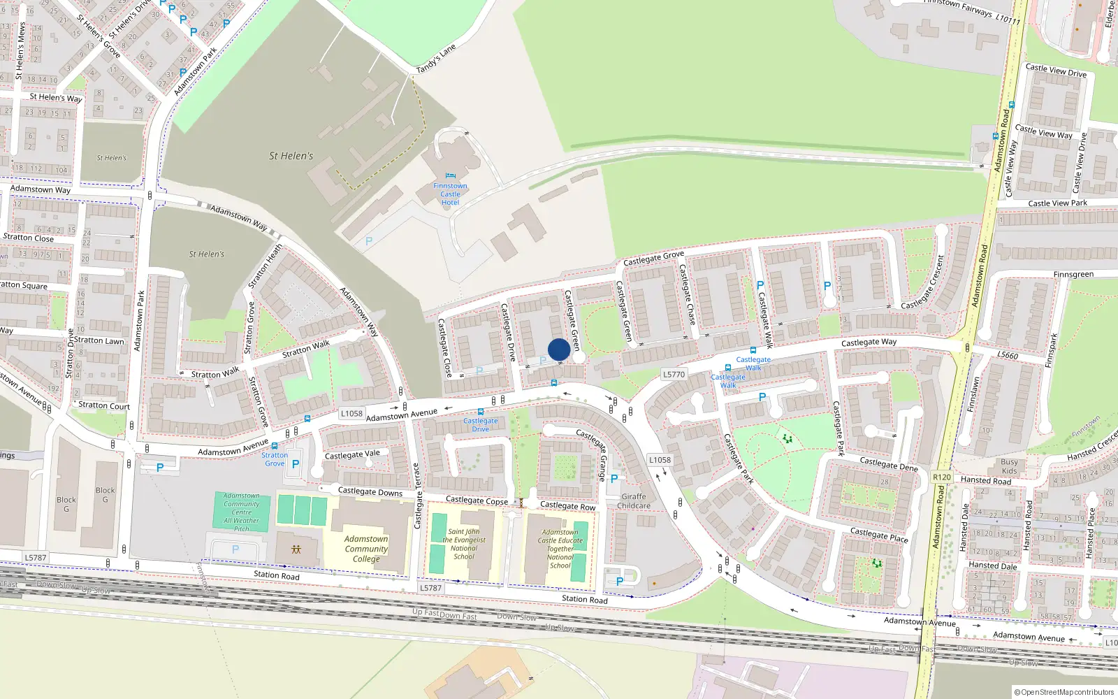 Overhead map showing the location of 20 Castlegate Green, Adamstown, Lucan