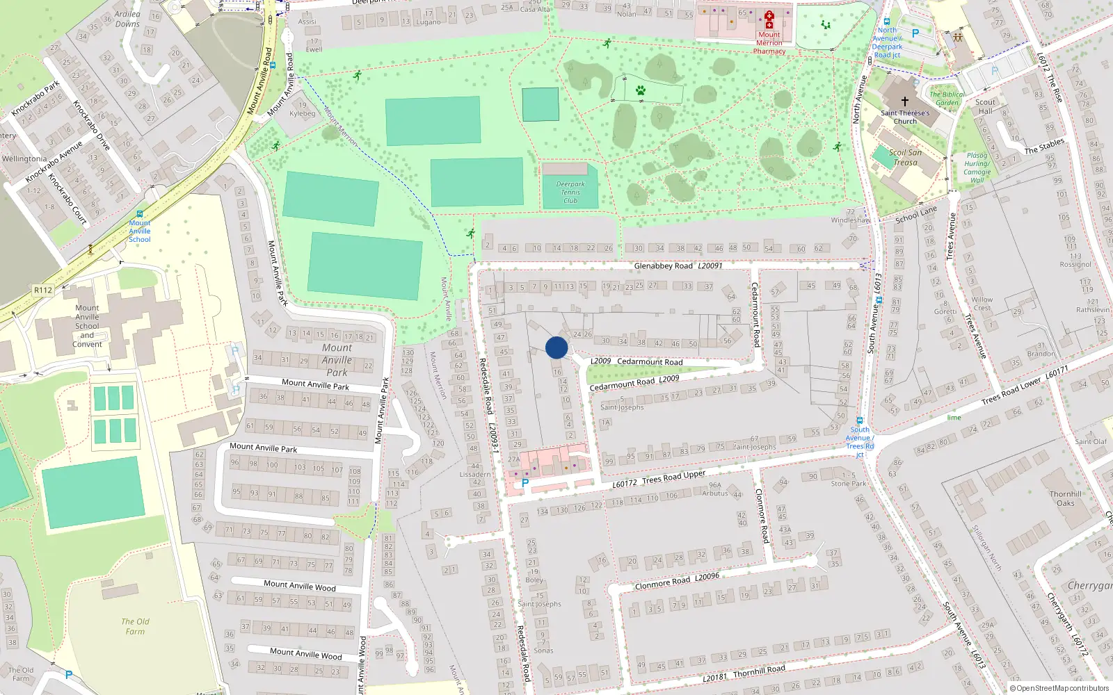 Overhead map showing the location of 20 Cedarmount Road, Blackrock