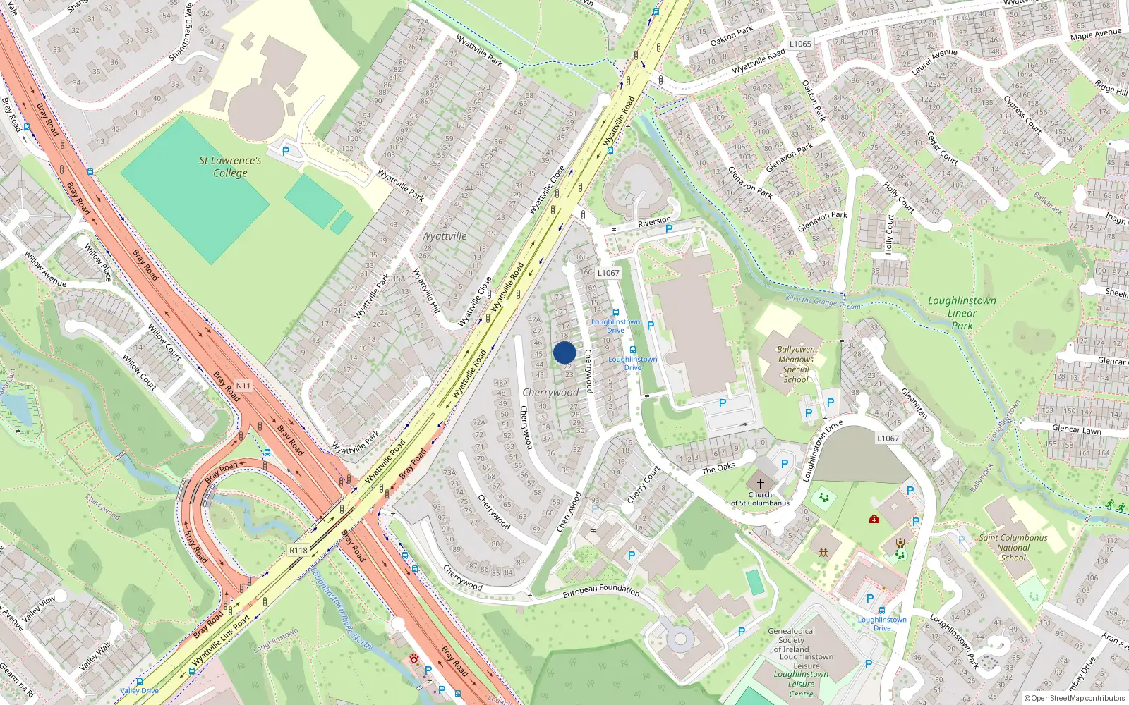 Overhead map showing the location of 20 Cherrywood, Wyattville Road, Killiney