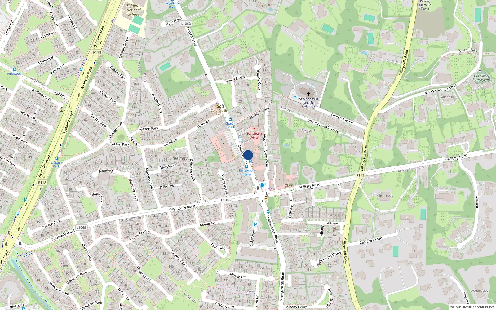 Overhead map showing the location of 20 Church Road, Ballybrack