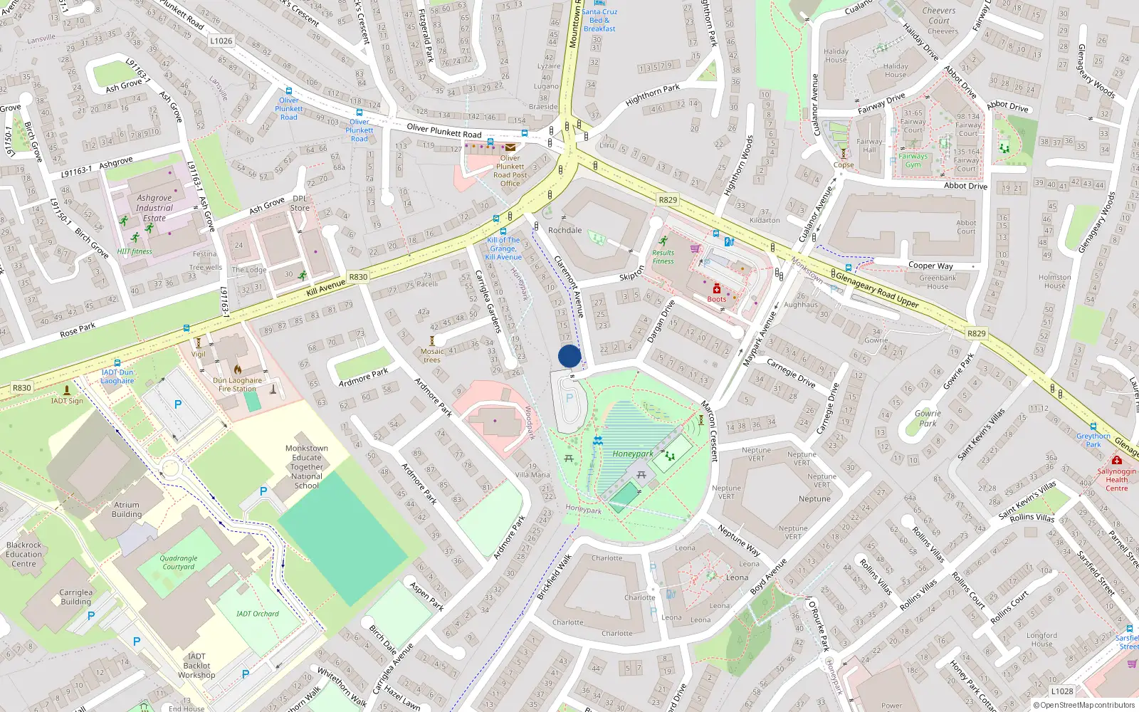 Overhead map showing the location of 20 Claremont Avenue, Dun Laoighre