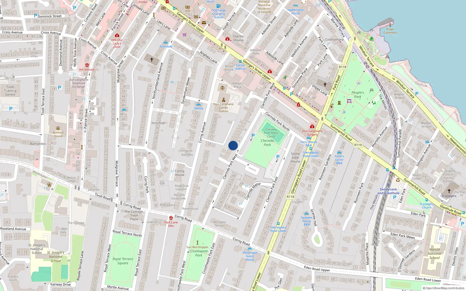 Overhead map showing the location of 20 Clarinda Park West, Dun Laoghaire, Co Dublin