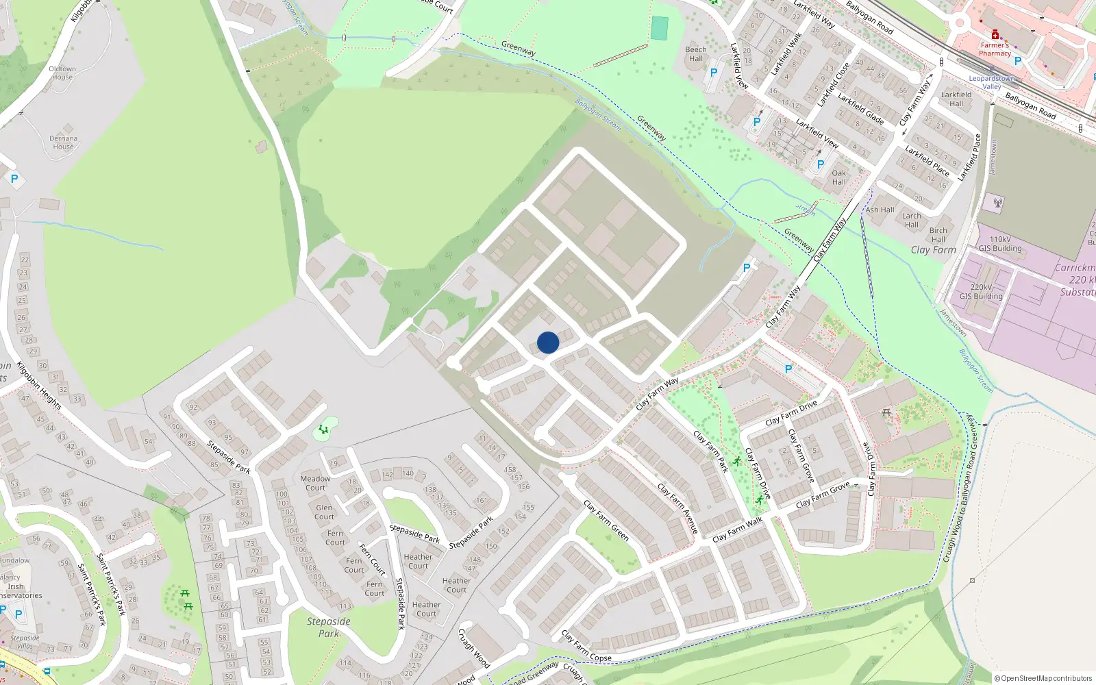 Overhead map showing the location of 20 Clay Farm Glade, Kilgobbin