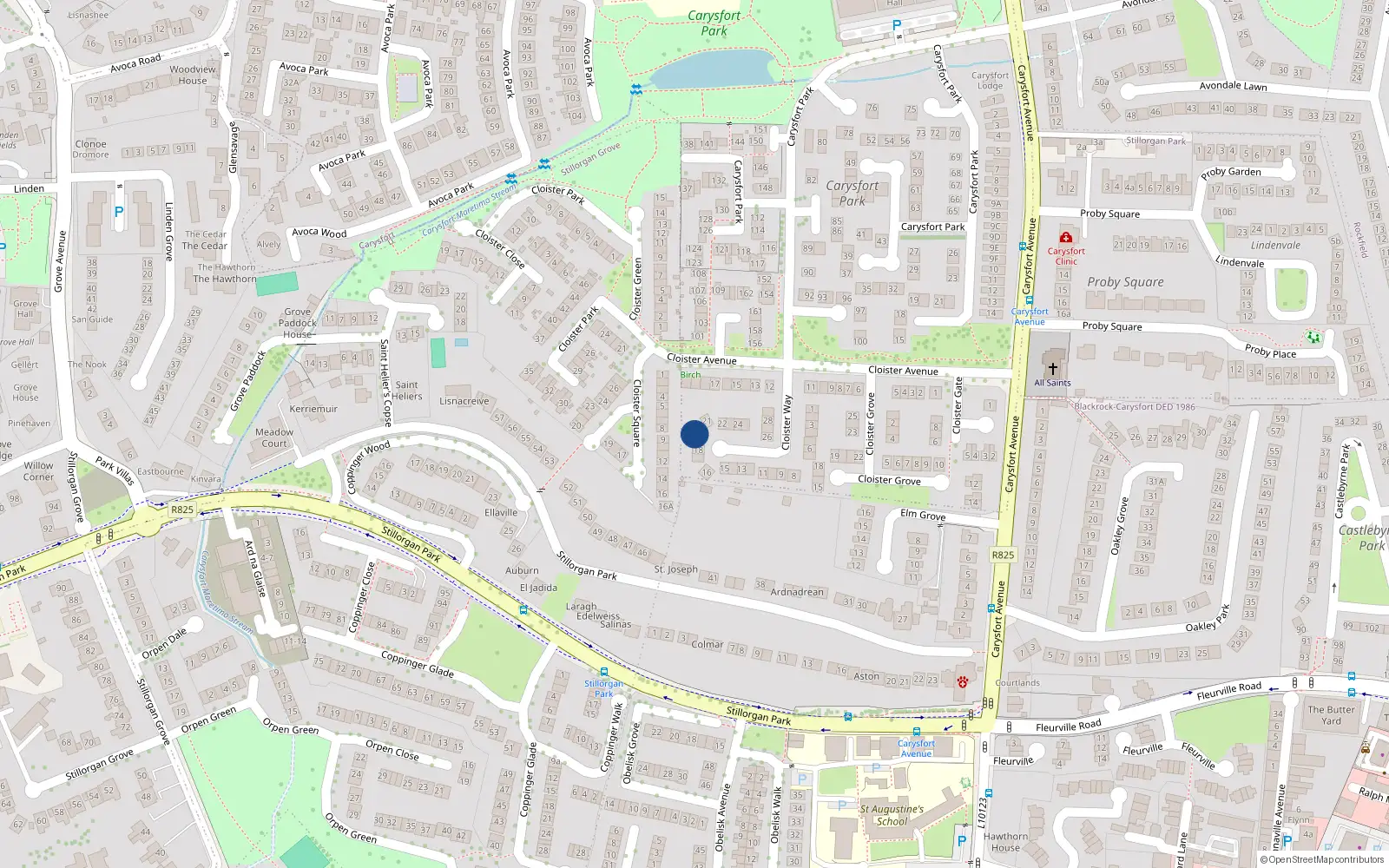 Overhead map showing the location of 20 Cloister Way, Blackrock