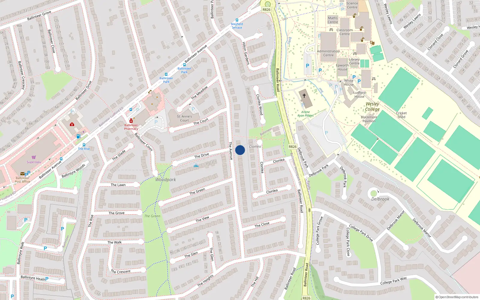 Overhead map showing the location of 20 Clonlea, Dublin 16