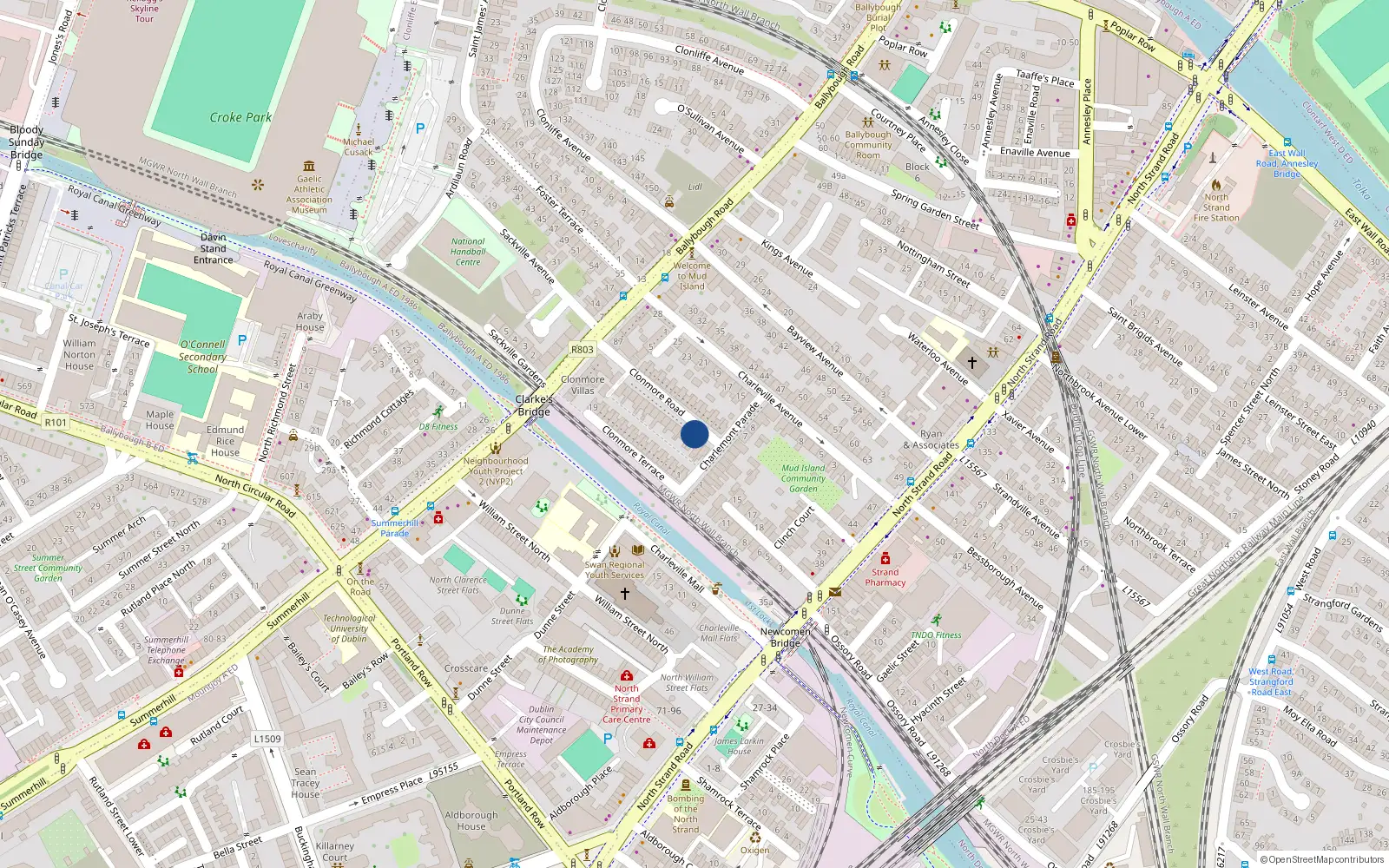 Overhead map showing the location of 20 Clonmore Road, Ballybough