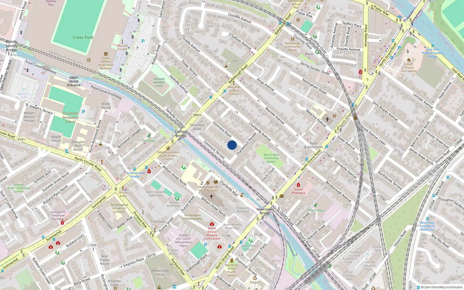 Overhead map showing the location of 20 Clonmore Road, Dublin 3