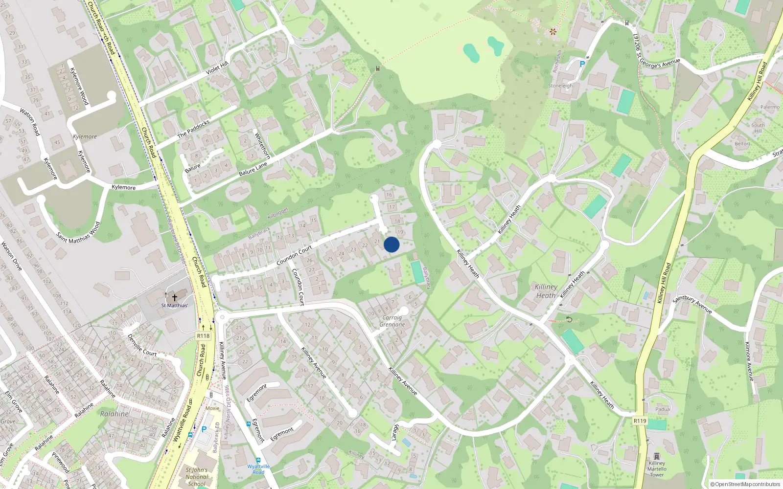 Overhead map showing the location of 20 Coundon Court, Killiney, County Dublin