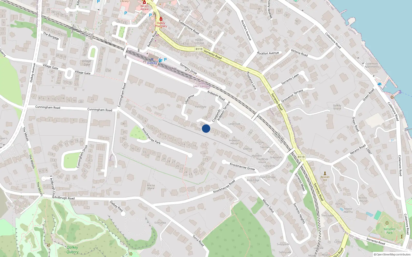 Overhead map showing the location of 20 Craiglands, Ardeevin Road, Dalkey