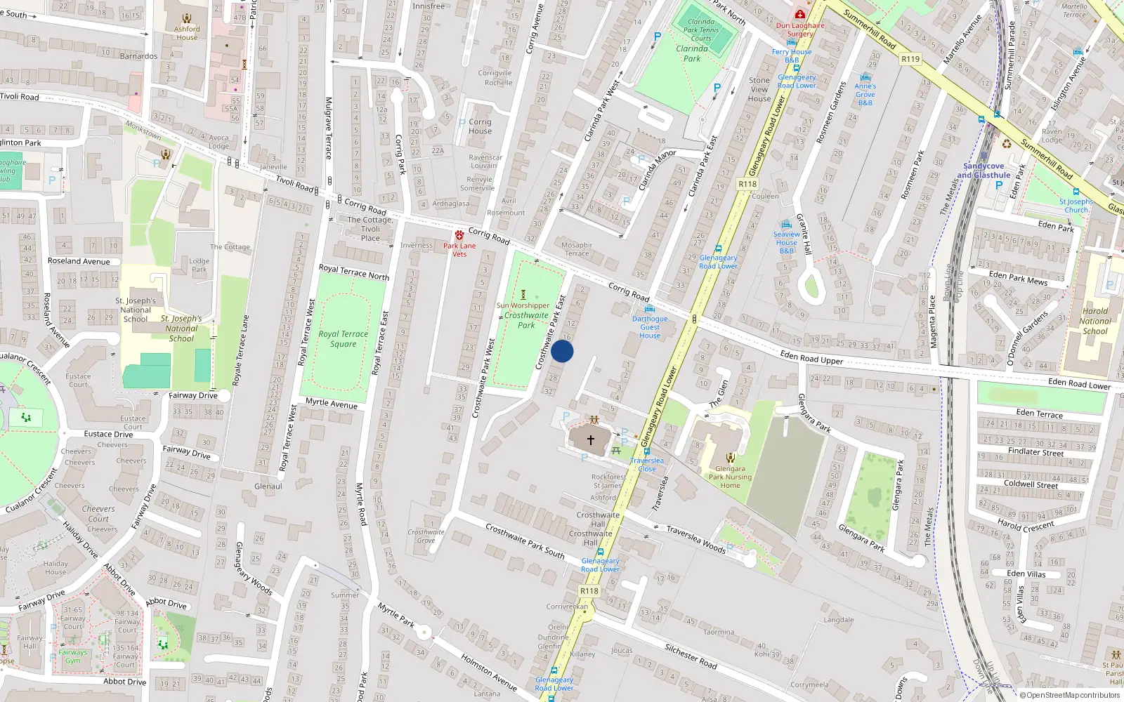 Overhead map showing the location of 20 Crosthwaite Park East, Dublin