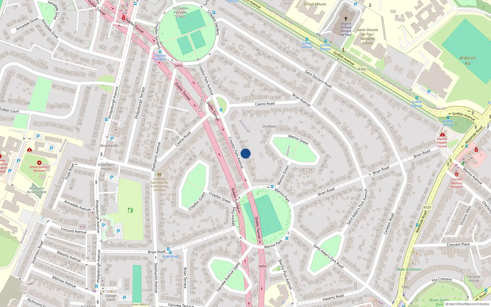 Overhead map showing the location of 20 Croydon Park Avenue, Dublin 3
