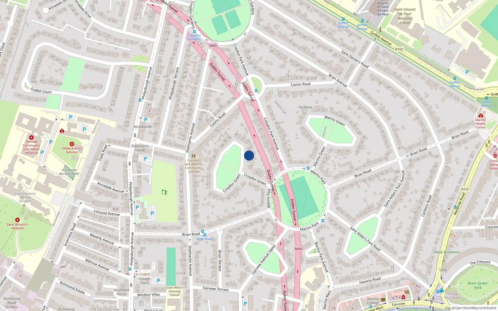 Overhead map showing the location of 20 Croylan Green, Marino, Dublin 3