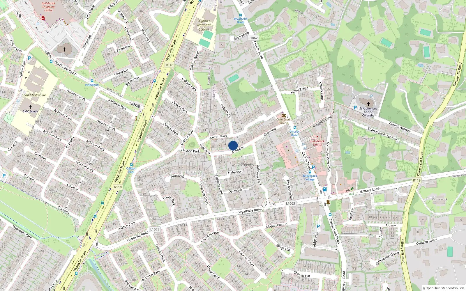 Overhead map showing the location of 20 Dale View, Dublin