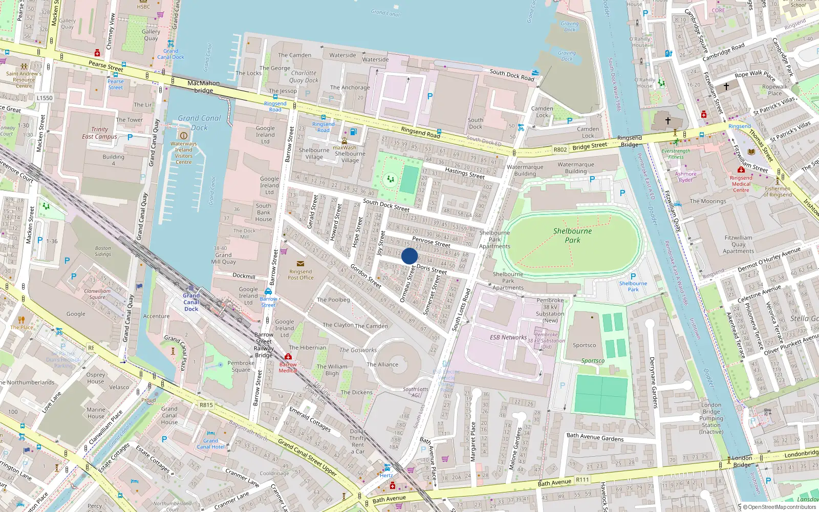 Overhead map showing the location of 20 Doris Street, Dublin 4