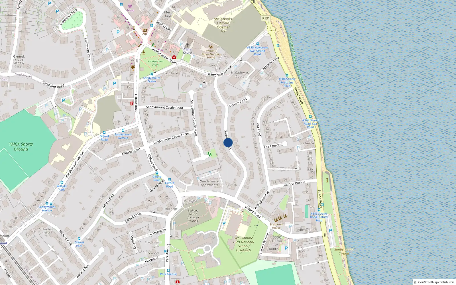 Overhead map showing the location of 20 Durham Road, Sandymount