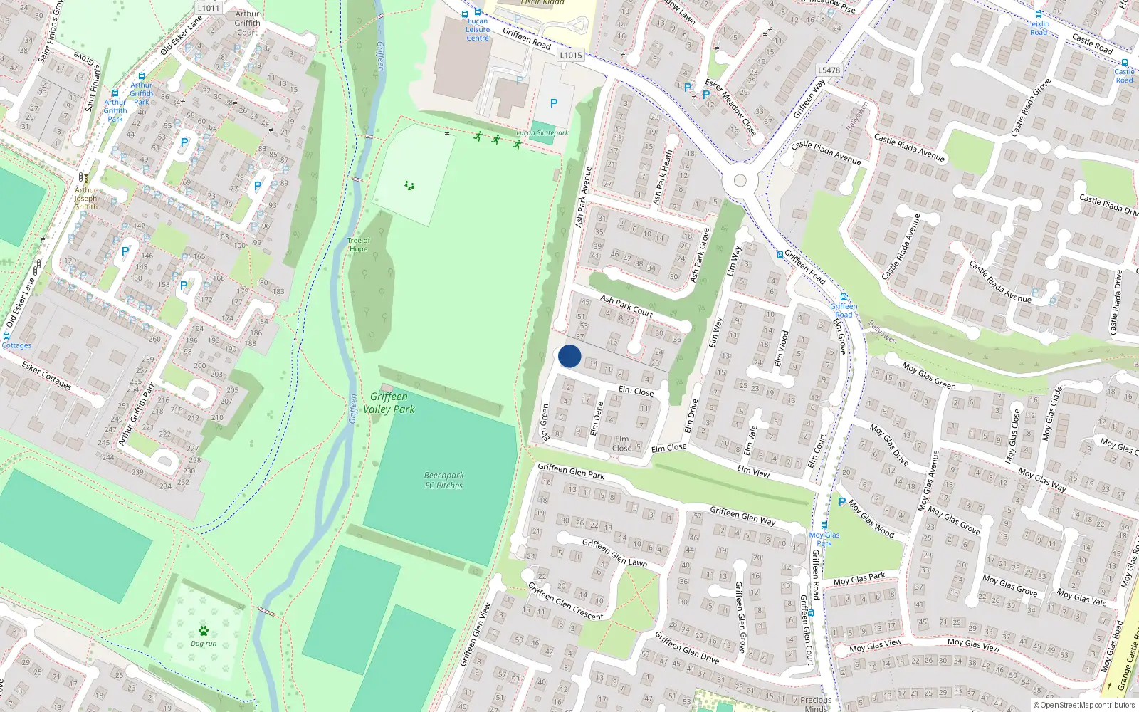 Overhead map showing the location of 20 Elm Close, Griffeen Valley, Lucan