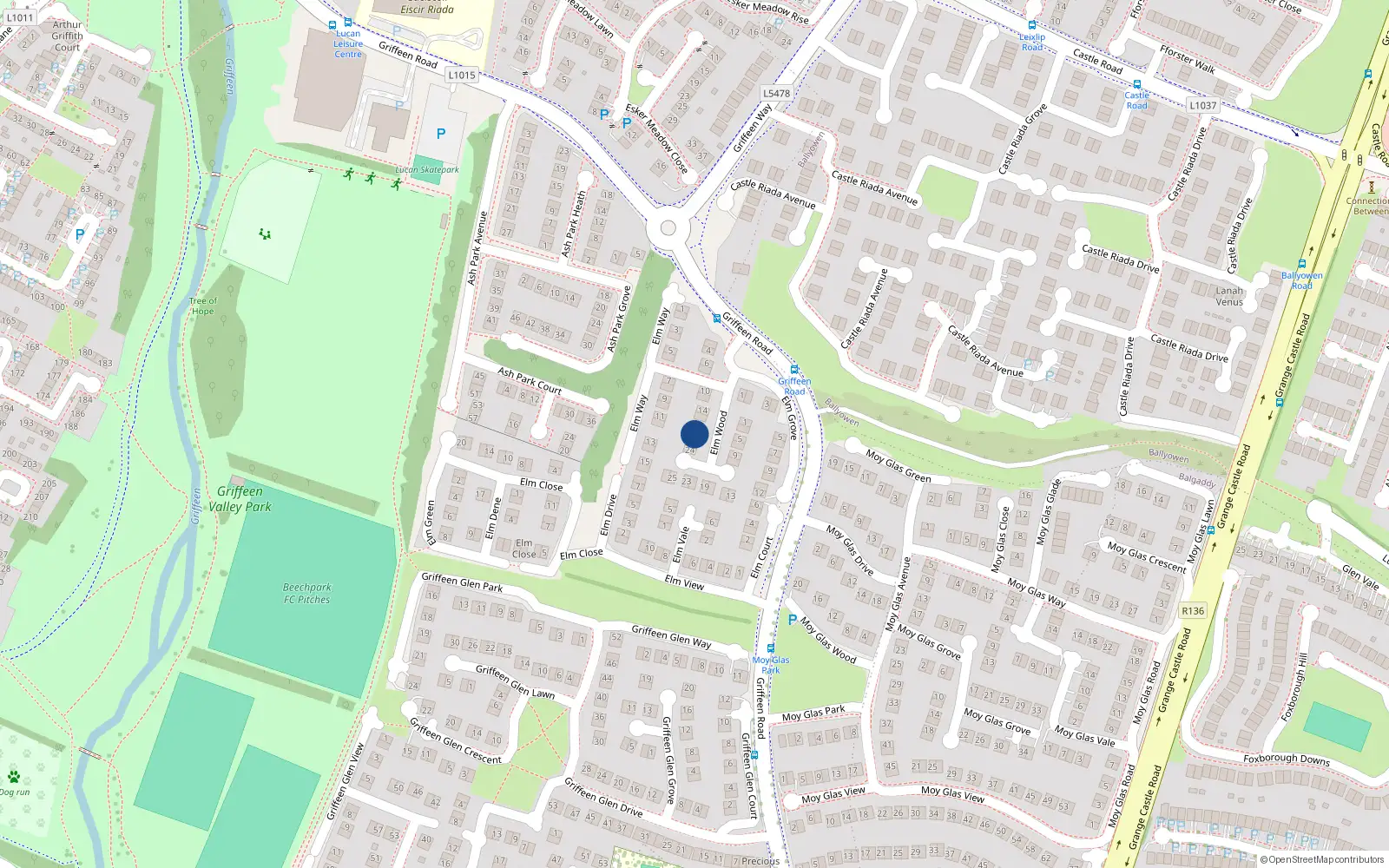 Overhead map showing the location of 20 Elm Wood, Lucan