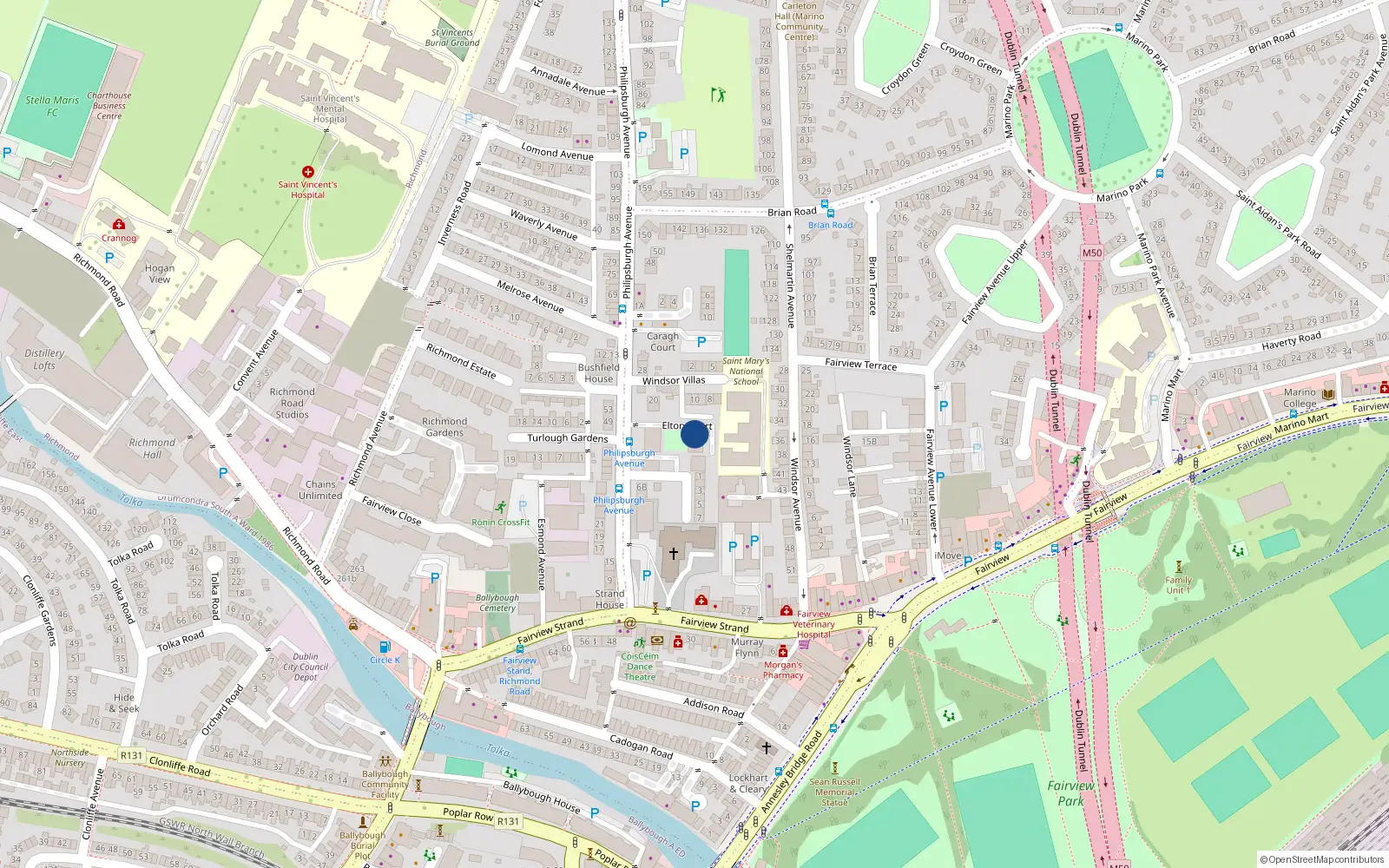 Overhead map showing the location of 20 Elton Court, Philipsburgh Avenue, Fairview Dublin 3